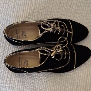 Saks Fifth Avenue Alexandre Birman Black Velvet Oxford Loafers animal print trim